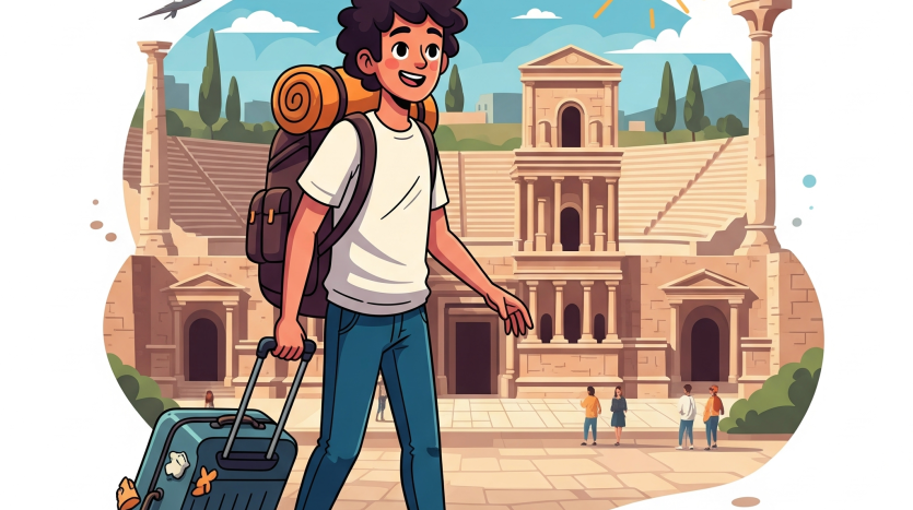 An illustration of a tourist with a suitcase and backpack in Amman, with the city's landmarks in the background.