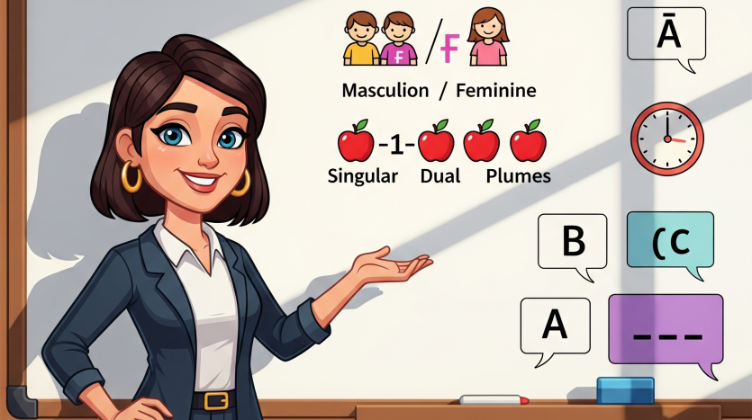 Easy Arabic grammar explained for beginners Cartoon character simplifying Arabic rules Visual guide to basic Arabic grammar Friendly teacher making Arabic grammar easy
