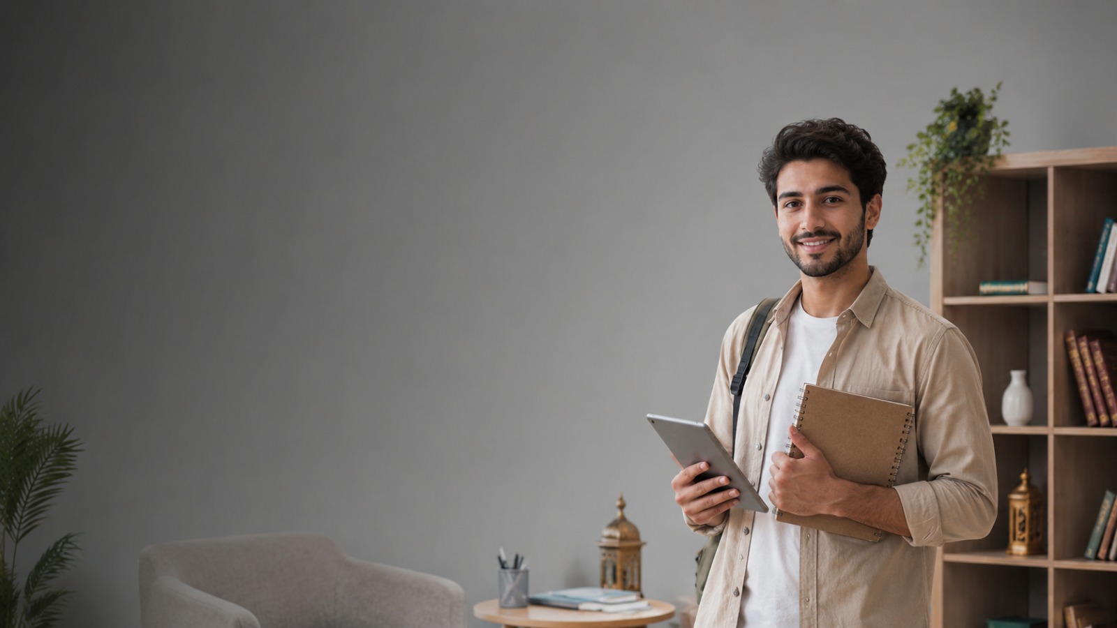 A smiling male student holding a tablet and notebook in a study environment