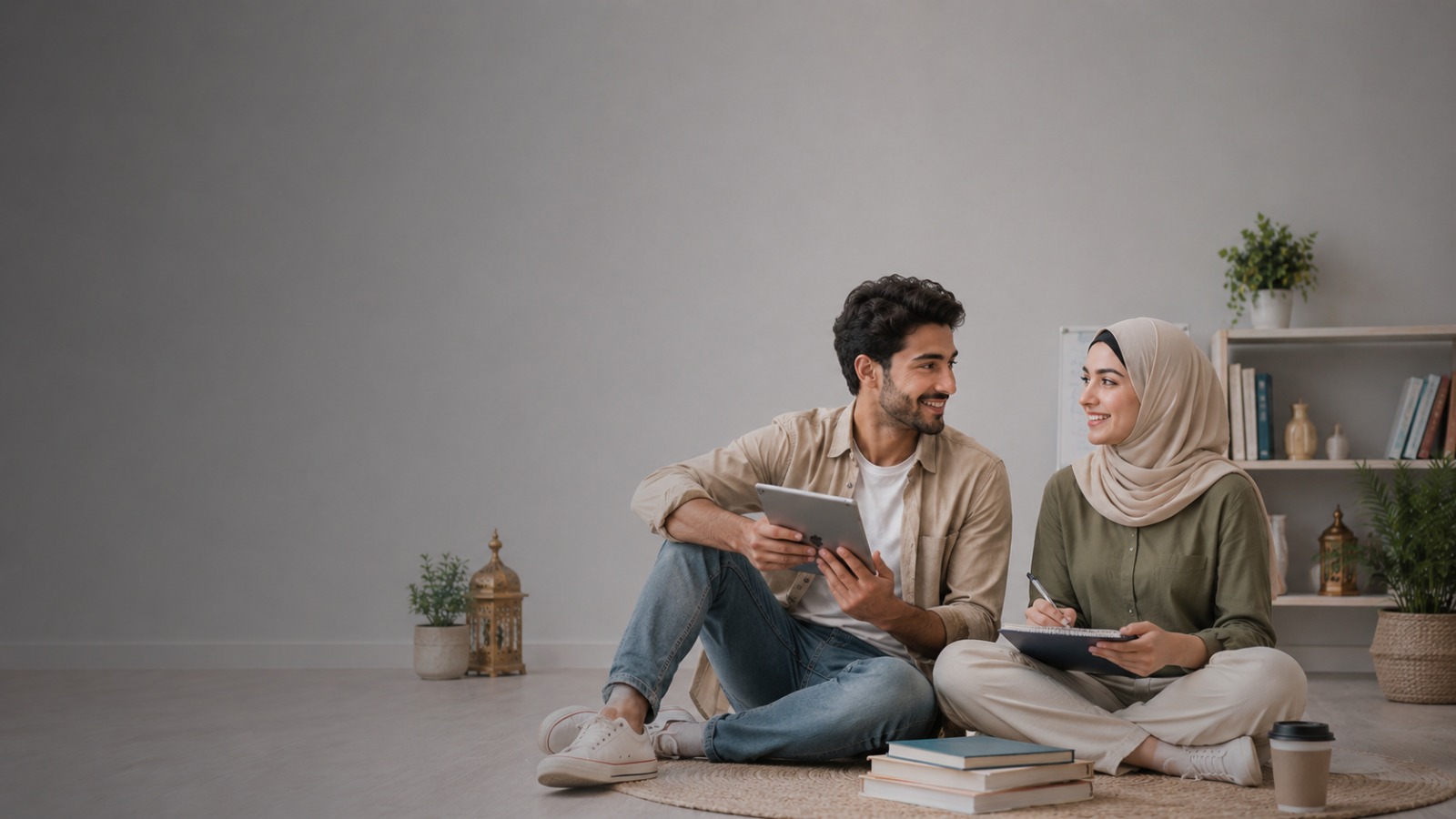 A male and female student sitting together and studying in a cozy environment